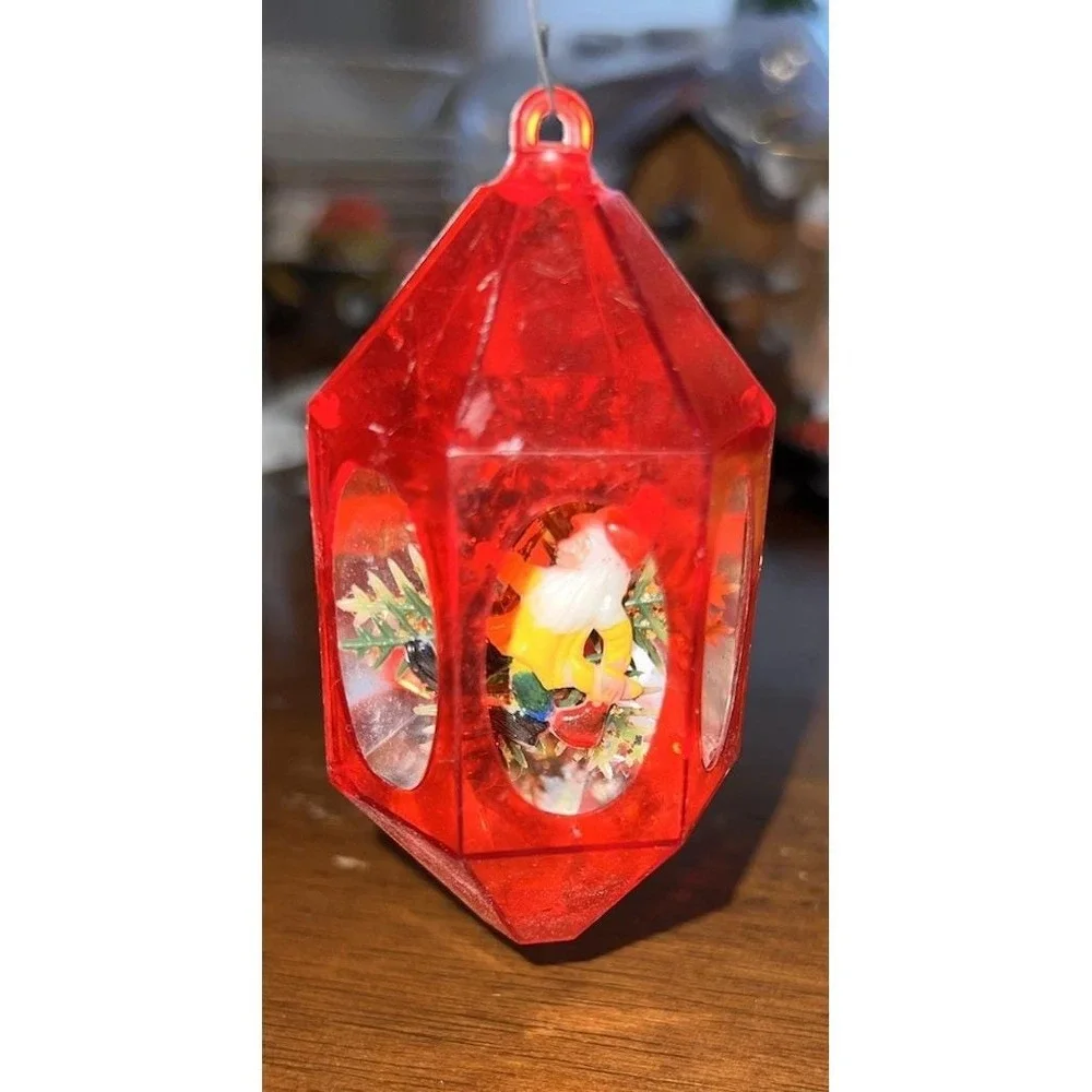 Vtg 1970s Jewel Brite Diorama Christmas Ornament Red Hexagon Lantern Gnome MCM